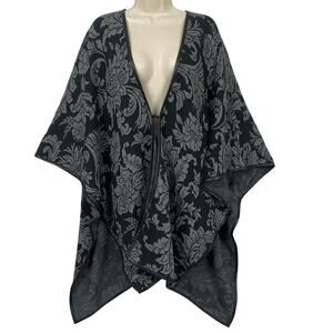 Soft Surroundings Poncho Sweater One Size Black Gray Floral Wrap Cape M L XL